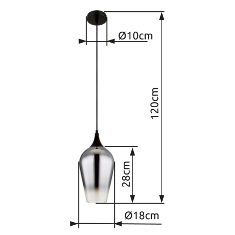Závesné svietidlo, kov čierny, sklo chrómovej farby, čierny textilný kábel, možnosť skrátenia výšky, 14