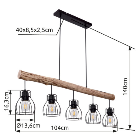 Závesné svietidlo, kov čierny, drevo, DxŠxV:1000x136x1400, bez žiaroviek 5xE27, max. 40W 230V 10