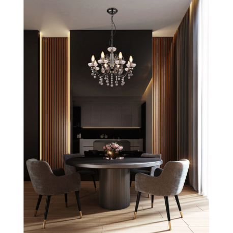 Závesné svietidlo, kov čierny chróm, číre sklenené krištále, krištále dymovej farby, výškovo nastavi 9