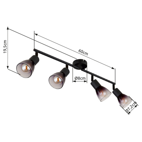 Stropné svietidlo, kov čierny matný, sklo dymové a priehľadné, otočné/naklápacie, DxŠxV: 600x80x195m 10