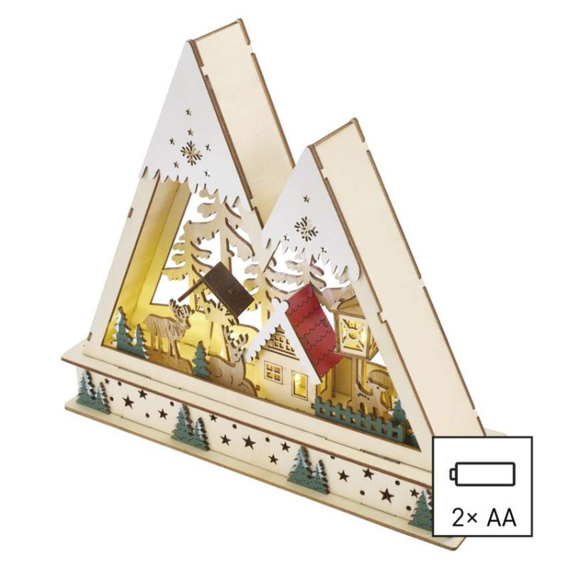 LED drevená vianočná krajina, 23,5 cm, 2x AA, vnútorný, teplá biela, časovač 5