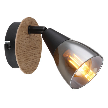 Nástenné svietidlo, bodové, kov čierny matný, drevo hnedé, sklo dymové, ø 80 mm, V:130mm, H: 160mm,