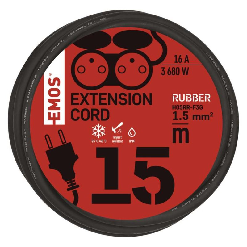 Vonkajší predlžovací kábel 15 m / 2 zásuvky / čierny / guma / 230 V / 1,5 mm2 8