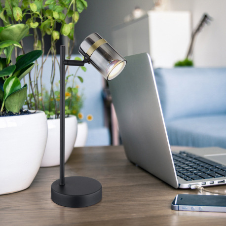 Stolová lampa, kov čierny matný, dymové sklo s prechodom do priehľadného skla, kov mosadzný matný, k 9