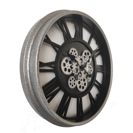 Nástenné hodiny, čierny plast, sklenený kryt, pohyblivé ozubené kolesá, rímsky ciferník, ø: 508 mm,