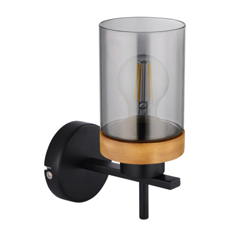 Nástenné svietidlo, kov čierny, drevo, dymové sklo, svieti smerom hore, ŠxV:100x235mm, H: 165mm, bez 2