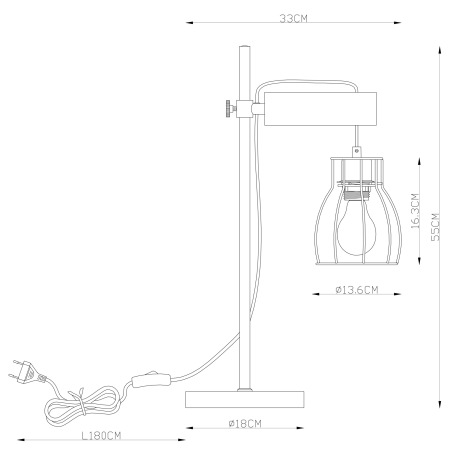 Stolová lampa, čierny kov, drevo, čierny kov, vypínač, DxŠxV: 330x180x550, bez žiarovky 1xE27, max. 19