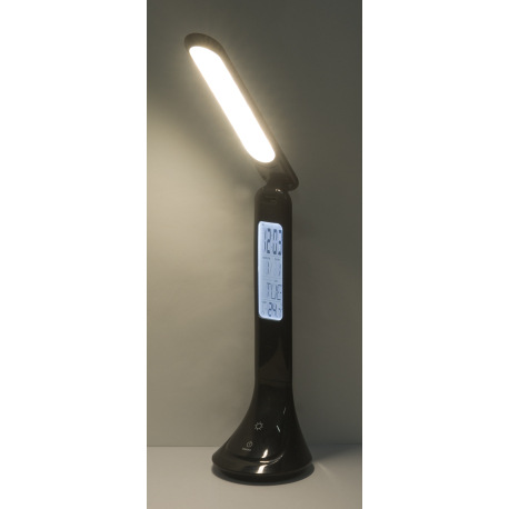 Nabíjateľná stolová lampa, plast, čierna, hodiny, kalendár, budík, s adaptérom, zapnutie dotykom, do 4