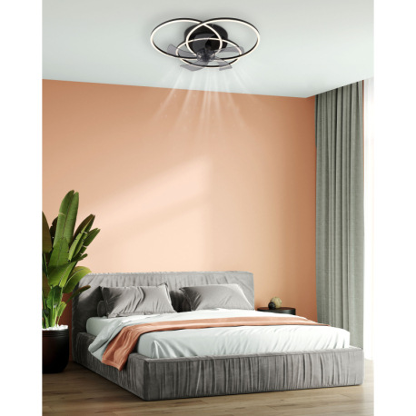 Stropný ventilátor, kov/hliník čierny matný, plast biely/dymový, stmievateľný, nástenný vypínač s vi 1