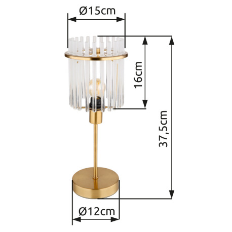 Stolové svietidlo, kov zlatej farby, sklenené tyče biele, priehľadné, kábel PVC čierny, kolískový vy 11