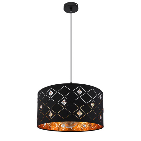 Závesné svietidlo, kov čierny matný, textil čierny, akryl, krištále priehľadné, tienidlo z vnútra zl 6