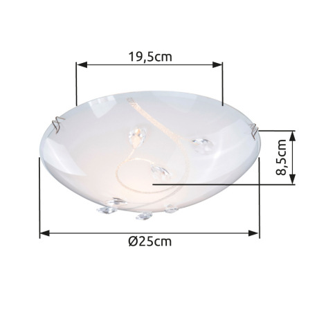 Stropné svietidlo, nikel matný, sklo biele, K5 kryštály priehľadné, Ø 250, V: 85, bez žiarovky 1xE27 2