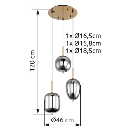Závesné svietidlo, kov čierny, mosadz, dymové sklo, ø: 460mm, V:1200mm, bez žiaroviek 3x E14, max. 4 20