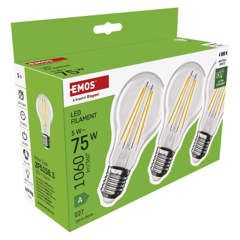 LED žiarovka Filament A CLASS A60 / E27 / 5 W (75 W) / 1 060 lm / neutrálna biela 9
