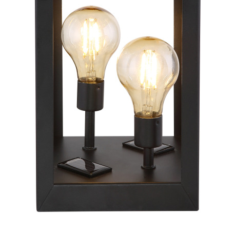 Solárne svietidlo, kov čierny, plast jantár, lampáš s dvomi žiarovkami Edison, IP44, vypínač, akumul 7