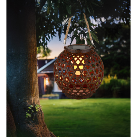 Solárne svietidlo, plast imitácia hrdze, konope prírodnej farby, vypínač, efekt ohňa, batéria AA 300 1