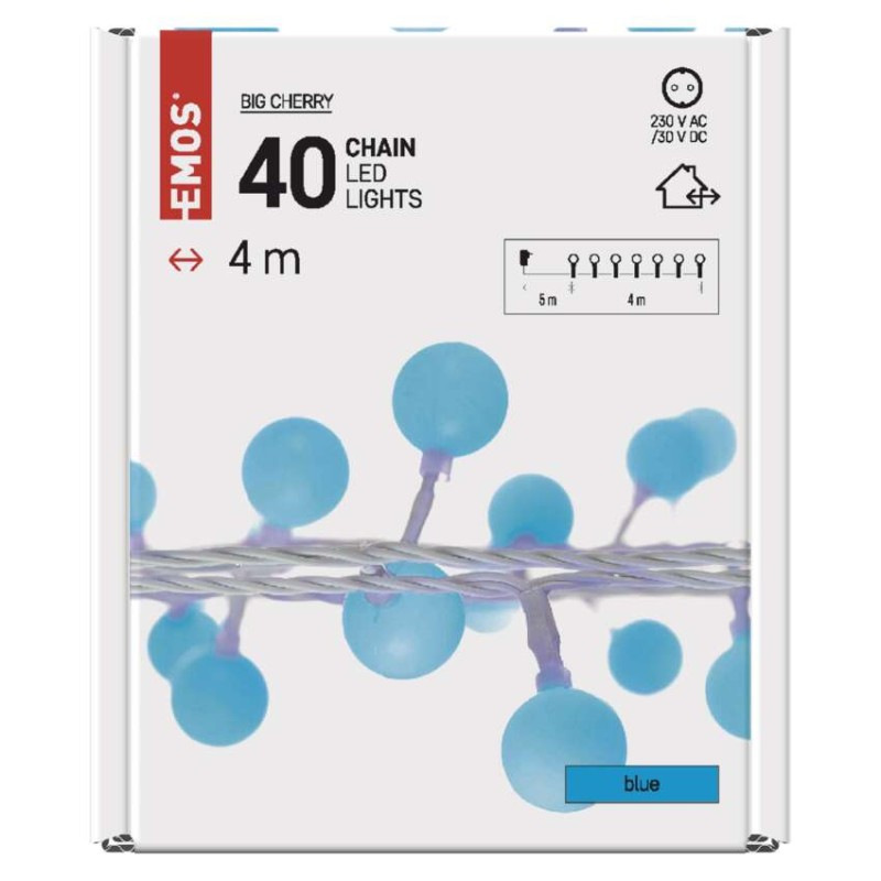 LED svetelná cherry reťaz – guličky 2,5 cm, 4 m, vonkajšia aj vnútorná, modrá, časovač 7