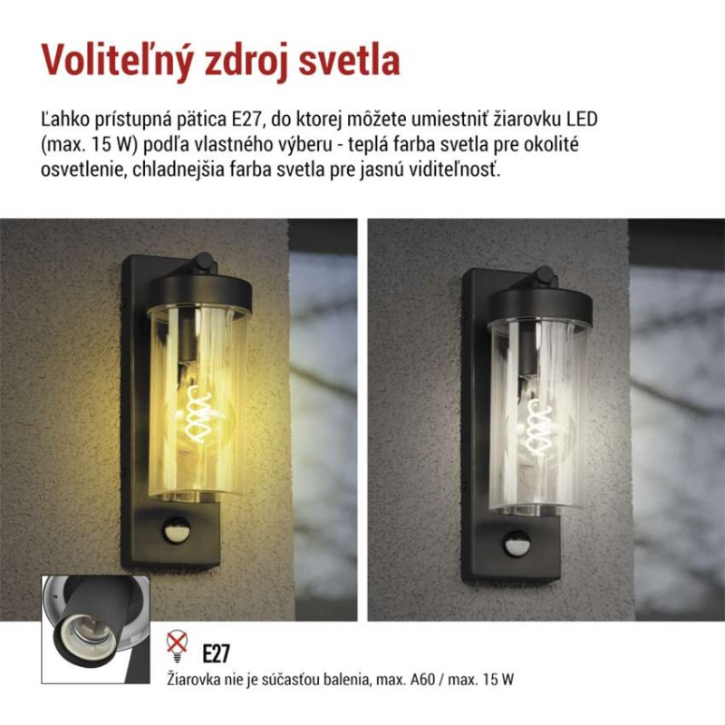 Záhradné nástenné svietidlo ZALA, senzor súmraku, 14,5 x 8,9 x 26,2 cm, 1 x E27, 15 W 4