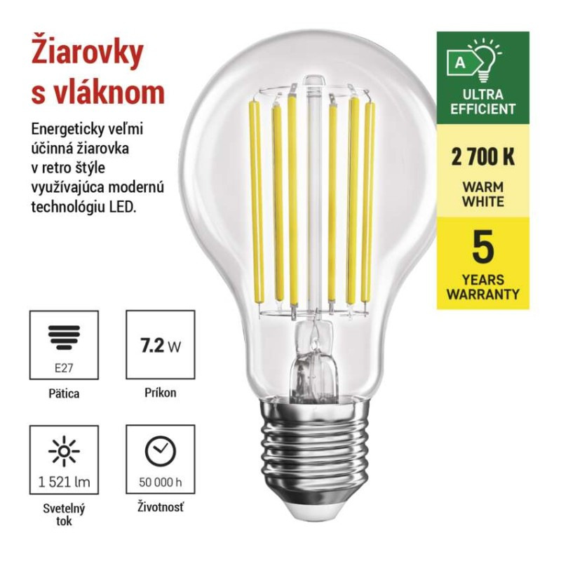 LED žiarovka Filament A60 A CLASS / E27 / 7,2 W (100 W) / 1521 lm / teplá biela 2