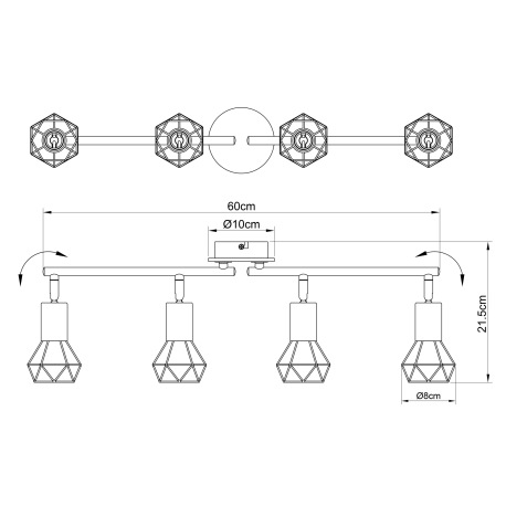 Stropné svietidlo, kov čierny, drevo, kov čierny, nastaviteľné, DxŠxV:600x100x215, bez žiaroviek 4xE 11