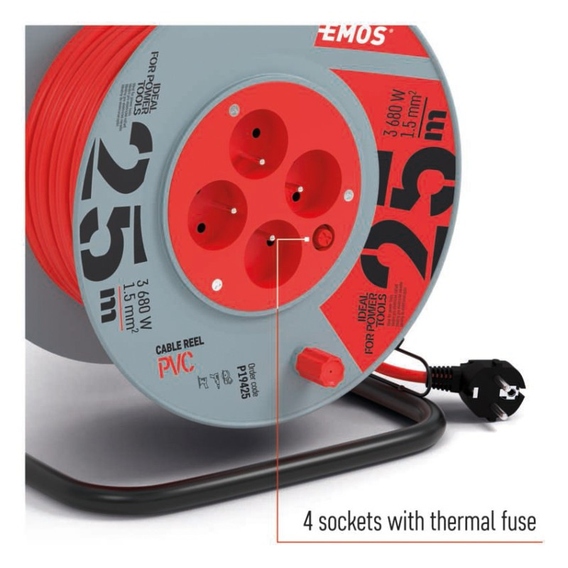 Predlžovací kábel na bubne 25 m / 4 zásuvky / červený / PVC / 230 V / 1,5 mm2 2