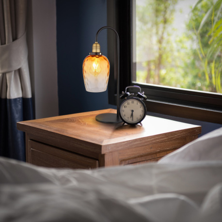 Stolové svietidlo, kov čierny, sklo jantárové, priehľadné, kov mosadzný matný, kábel PVC čierny, kol 7