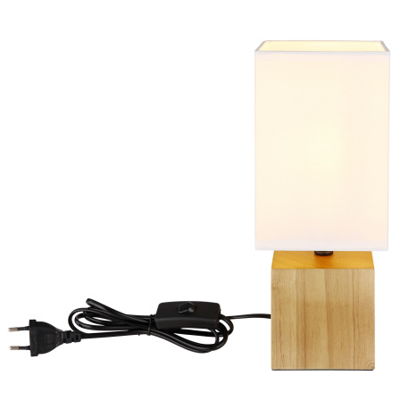 Stolná lampa prírodné drevo, textil biely, kábel PVC čierny, kolískový vypínač na kábli, DxŠxV: 120x 4