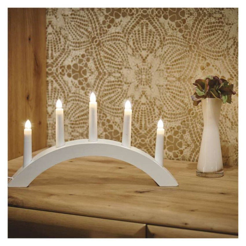 Svietnik na 5x žiarovku E10 drevený biely, oblúk, 20x38 cm, vnútorný, teplá biela 3