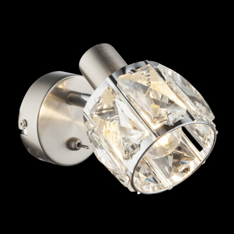 Nástenné svietidlo, kov nikel matný, chróm, sklenený kryštál priehľadný, vypínač, ŠxV:92x125, H:160, 7