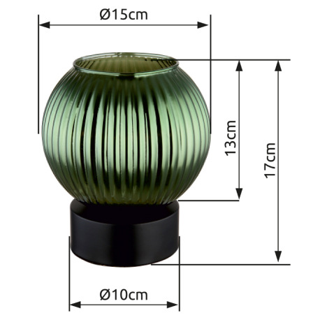 Stolové svietidlo, kov čierny matný, sklenená guľa zelená, vnútorné sklo biele, kábel PVC čierny, ko 12