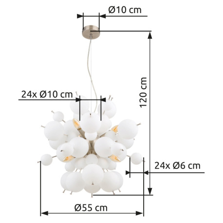 Závesné svietidlo, kov nikel matný, sklenené gule biele, kábel PVC čierny, ø: 550 mm, V: 1200 mm, sk 8