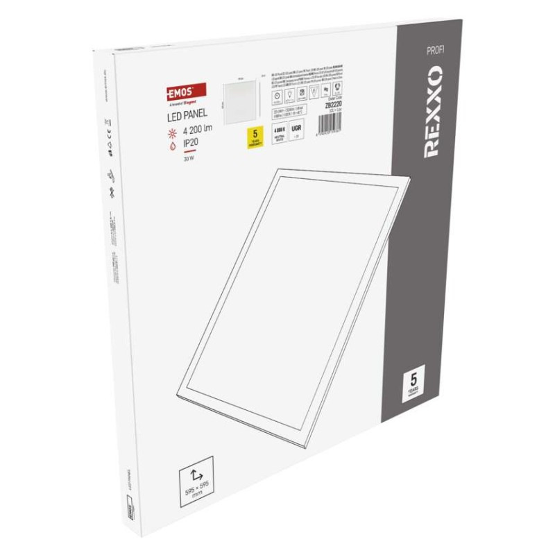 LED panel REXXO backlit 60×60, štvorcový vstavaný biely, 30W neutr.b. UGR 10