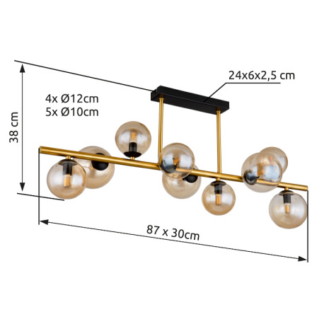 Stropné svietidlo, kov čierny, kov mosadz, sklo jantárové, DxŠxV:870x300x380mm, vrátane 9x G9 LED 3, 11