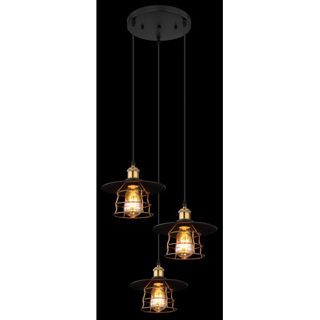 Závesné svietidlo, kov čierny, mosadz, čierny PVC kábel, ø: 330mm, V:1550mm, bez žiaroviek 3x E27, m 11