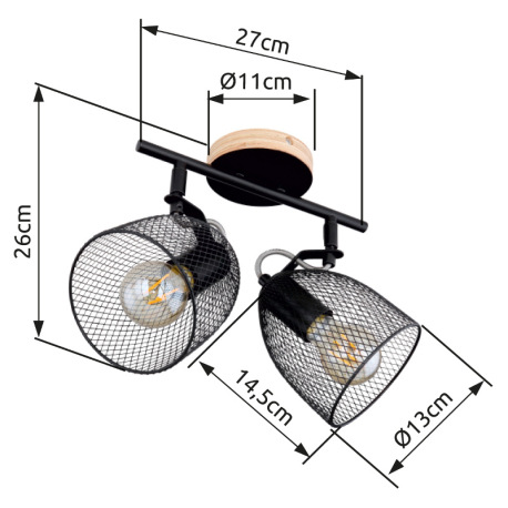 Nástenné svietidlo, drevo hnedé a čierne, kov čierny, mriežkované kovové tienidlo, DxŠxV:270x130x260 18