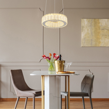 Závesné svietidlo, kov chróm, krištále K5 číre, chrómový krúžok, stmievateľné, viac úrovní pomocou n 10