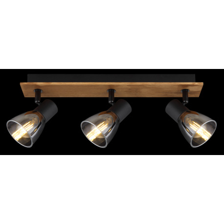 Stropné svietidlo, drevo hnedé, kov čierny, dymové sklo, DxŠxV:400x70x155mm, bez žiaroviek 3x E14, m 5