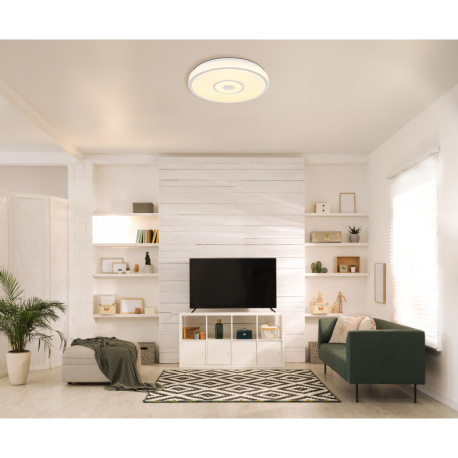 Stropné svietidlo, kov biely, plast biely s trblietavým efektom, chrómový krúžok, ø: 380 mm, V: 65 m 1