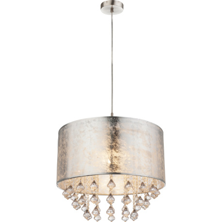 Závesné svietidlo, kov nikel matný, plast, textil strieborný, akrylové krištále priehľadné, ø 400, V