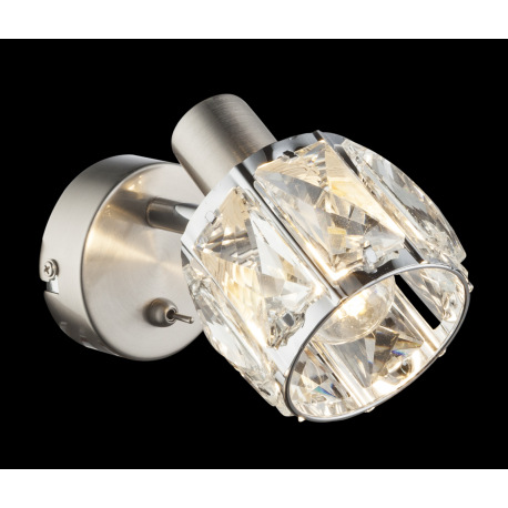Nástenné svietidlo, kov nikel matný, chróm, sklenený kryštál priehľadný, vypínač, ŠxV:92x125, H:160, 10
