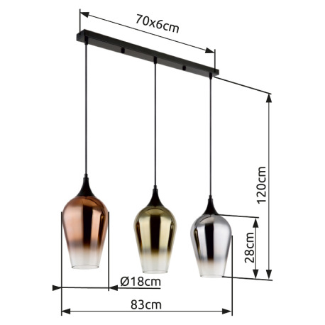 Závesné svietidlo, kov čierny, sklo medenej farby, zlatej farby, pochrómované, textilný kábel čierny 16