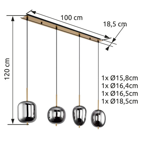 Závesné svietidlo, kov čierny, mosadz, dymové sklo, DxŠxV:1100x185x1200mm, bez žiaroviek 4x E14, max 10