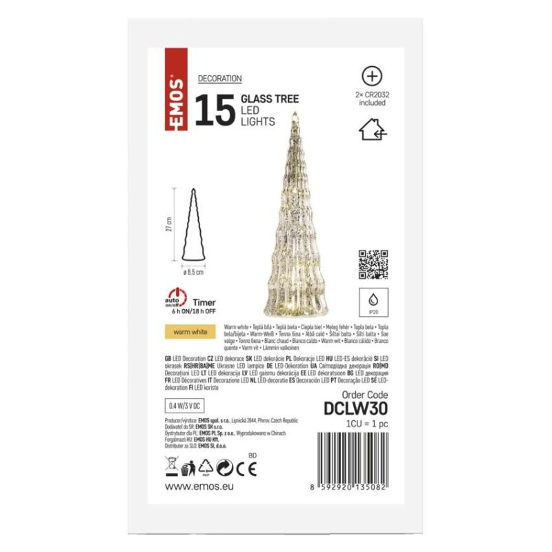 LED vianočný sklenený stromček, 27 cm, 2x CR2032, vnútorný, teplá biela, časovač 6