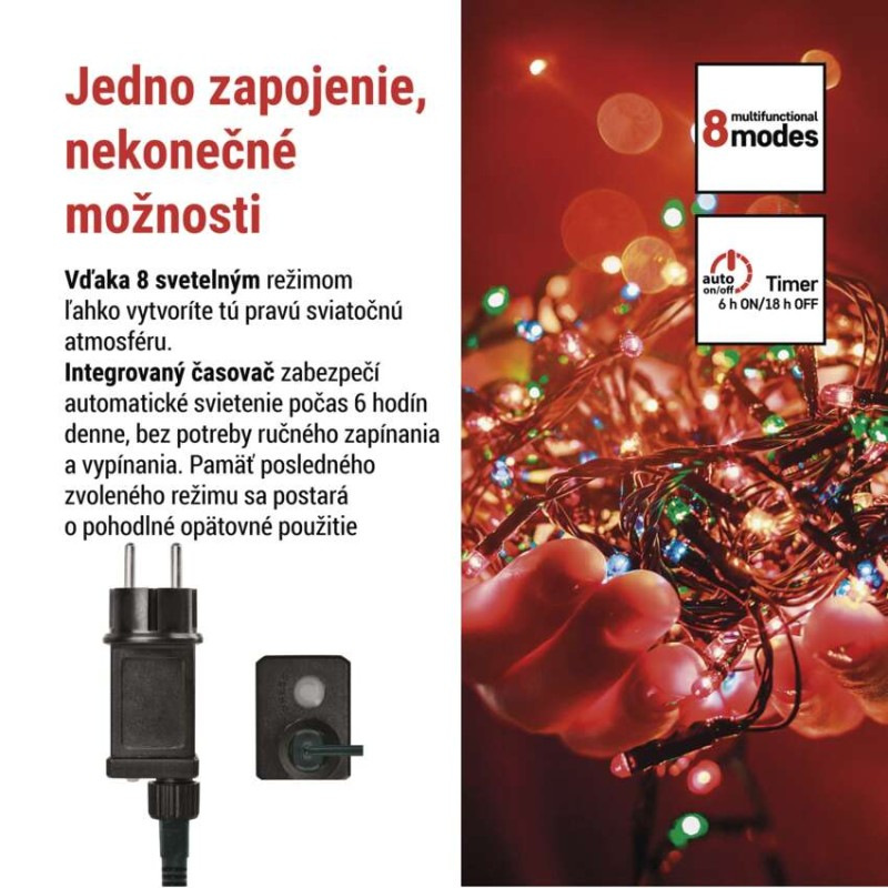 LED vianočná reťaz, 24 m, vonkajšia aj vnútorná, multicolor, programy, časovač 2