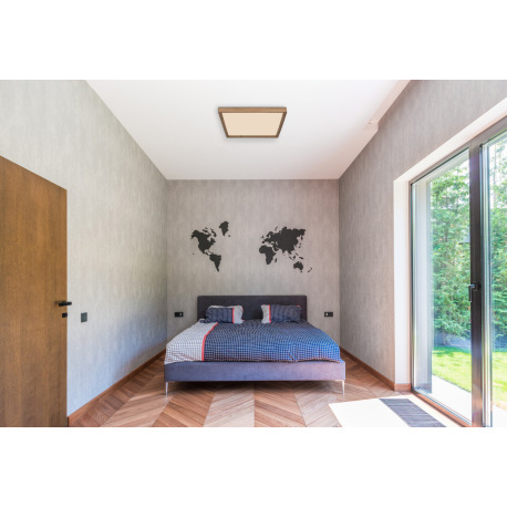 Stropné svietidlo, kov biely, MDF vzhľad dreva, plast opál, fixácia farby, DxŠxV:450x450x85mm, vráta 12