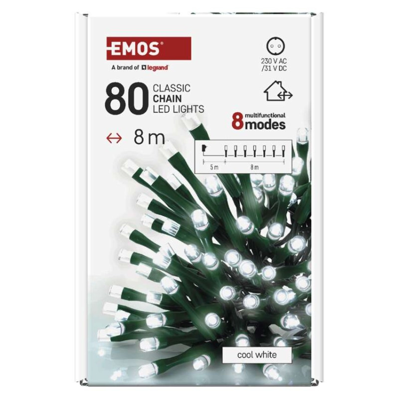 LED vianočná reťaz, 8 m, vonkajšia aj vnútorná, studená biela, programy, časovač 12