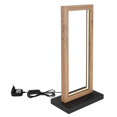 Stolná lampa kov čierna matná, MDF imitácia dreva, plast biely, kábel PVC čierny, vypínač na kábli, 11