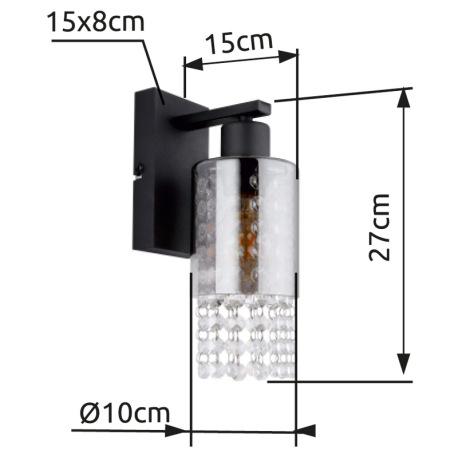 Nástenné svietidlo kov čierny matný, sklo dymové, sklenené kryštály číre, smer svetla: nadol, ŠxV: 1 6