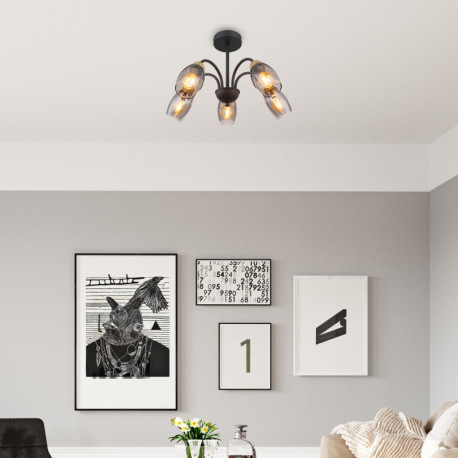 Stropné svietidlo kov čierny matný, sklo dymové, kov imitácia dreva, ø: 470mm, V: 290mm, bez žiarovi 8