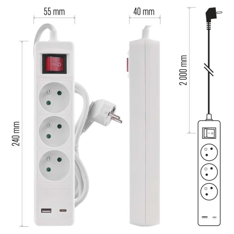 Predlžovací kábel 2 m / 3 zásuvky / s vypínačom / biely / 1×USB-A + 1×USB-C / 1,5 mm2 8
